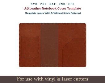 Leather Journal Cover Template SVG, A6 Leather Notebook Cover PDF Pattern With Sewing Stiches, Notebook Sleeve Glowforge Leather laser files