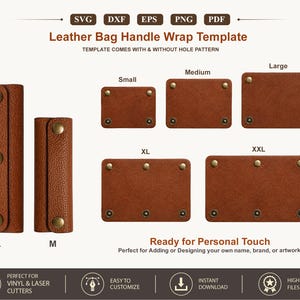 May include: A digital template for leather bag handle wraps featuring various sizes labeled Small, Medium, Large, XL, and XXL. The brown textured rectangular pieces include brass-colored snap buttons. Text includes Leather Bag Handle Wrap Template.