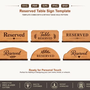 Könnte beinhalten: Eine digitale Sammlung von sechs hölzernen Tischaufsteller-Vorlagen für Reservierungen in verschiedenen rechteckigen und gewölbten Formen. Die Designs zeigen lasergravierte Texte wie Reserved und Table Reserved mit Blatt- und Herzmotiven.