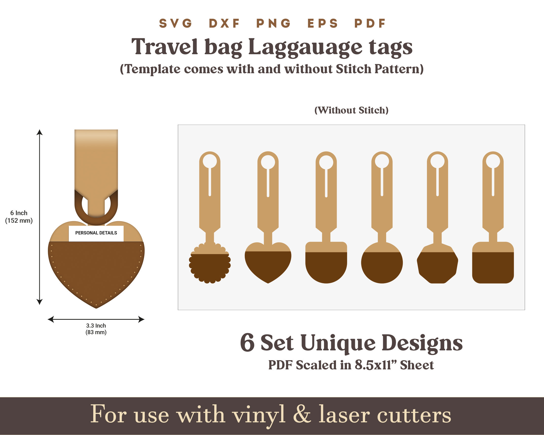 Luggage Tag SVG, Heart Travel Bag Tags Template, Faux Leather Bag