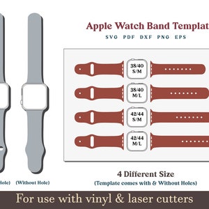 Puede incluir: Una plantilla digital para crear correas de Apple Watch. La plantilla incluye cuatro tamaños diferentes: 38/40 mm (pequeño/mediano), 38/40 mm (mediano/grande), 42/44 mm (pequeño/mediano) y 42/44 mm (mediano/grande). La plantilla viene con y sin agujeros. La plantilla es para usar con vinilo y cortadoras láser.