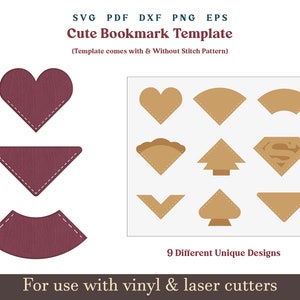 Modelo de marcadores de couro fofos SVG, marcador de coração SVG, conjunto com 9 marcadores para impressão para Cricut Glowforge SVG PDF, padrão, pacote de arquivo cortado a laser
