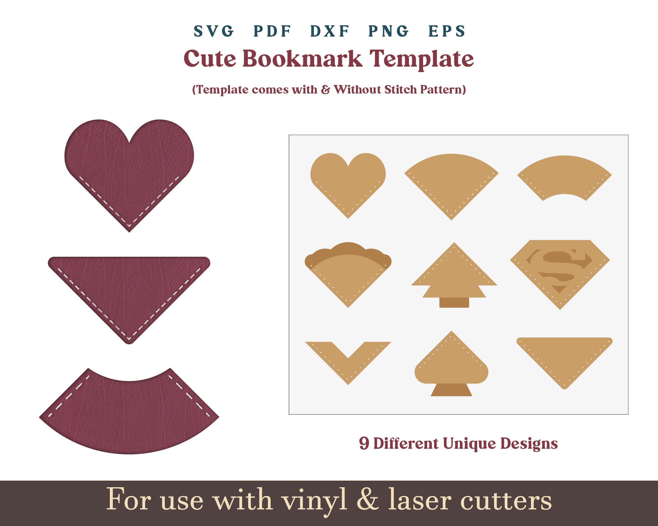 Cute Leather Bookmarks Template Svg, Heart Bookmark Svg, 9 Set Bookmark printable For Cricut Glowforge SVG PDF Pattern Laser cut file Bundle