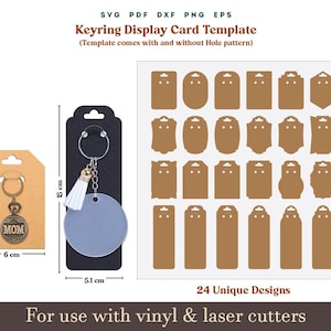 Tarjeta de presentación de llaveros SVG, plantilla de empaque de llavero, patrón de soporte para llavero, etiqueta de llavero SVG, paquete de archivos de corte láser Glowforge Cricut SVG