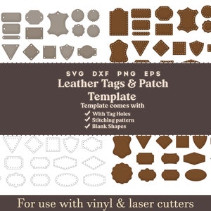 Leather Tags cutting Template SVG, Faux Leather Labels, Patches Pattern With Sewing Stiches, Glowforge Leather laser cutting file Bundle svg