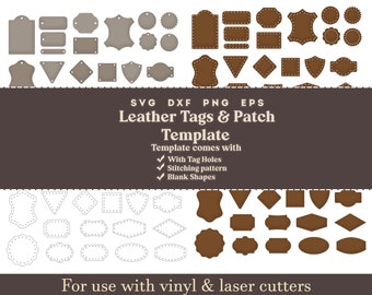Leather Tags cutting Template SVG, Faux Leather Labels, Patches Pattern With Sewing Stiches, Glowforge Leather laser cutting file Bundle svg