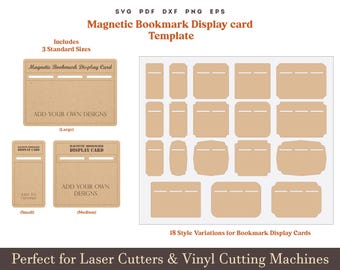 May include: A digital template for creating magnetic bookmark display cards. The template includes three sizes: small, medium, and large. The template also includes 18 style variations for the display cards. The text on the template reads "Magnetic Bookmark Display Card Template" and "Add Your Own Designs".