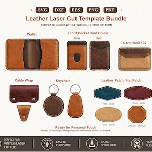 Leather laser Pattern cut file SVG Bundle, leather keychain key fob svg, Leather wallet svg, leather patch svg, leather cord wrap PDF DXF