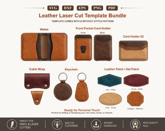 Leather laser Pattern cut file SVG Bundle, leather keychain key fob svg, Leather wallet svg, leather patch svg, leather cord wrap PDF DXF