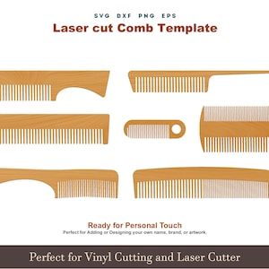 May include: A collection of wooden comb templates in various shapes and sizes. The image includes combs with different handle designs and tooth spacing. Text on the image reads "Laser cut Comb Template."