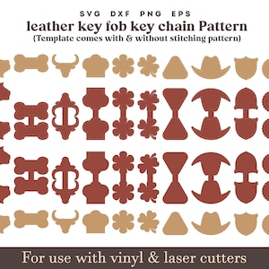 Leather Keychain Key Fob cut pattern SVG, custom Leather Keychain bundle and leather patch With Sewing Stiches, Glowforge laser cut file svg