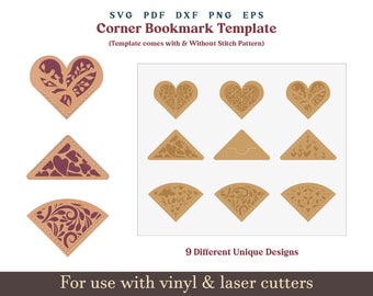 May include: Nine different corner bookmark designs with various heart and floral patterns. The designs are cut out of a light brown material and have a burgundy red interior. The text "Corner Bookmark Template" is at the top of the image. The text "9 Different Unique Designs" is in the center of the image. The text "For use with vinyl & laser cutters" is at the bottom of the image.