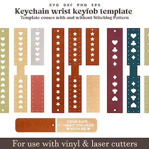 Leather Keychain SVG, Wristlet playcards Key Fob cut Template, Leather Keychain Pattern With Sewing Stiches Glowforge Leather laser cutfile