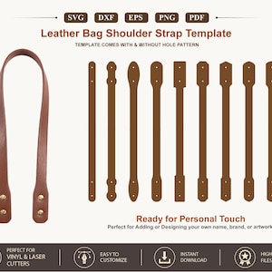 Könnte beinhalten: Eine digitale Vorlage für einen Ledertaschen-Schulterriemen, bestehend aus einem braunen Riemen mit goldenen Nieten links und acht verschiedenen braunen Riemendesigns rechts. Der Text lautet Leather Bag Shoulder Strap Template, SVG, DXF, EPS, PNG, PDF.