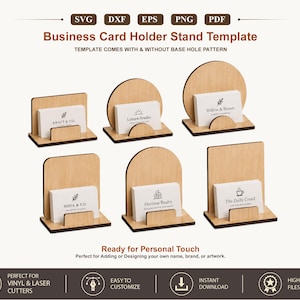 May include: A collection of six light-colored wooden business card holder stands in various shapes, including rectangular, circular, and arched designs. Each stand features a small front ledge to hold a white business card with printed logos.