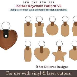 Patrón de llavero de cuero SVG, juego de 9 patrones de corte para llavero de cuero con puntadas de costura, paquete de archivos de corte láser de cuero Glowforge
