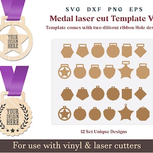 Medalla láser SVG, plantilla de corte láser de medalla en blanco, patrón de forma de premio, archivos cortados con láser para proyectos de bricolaje de madera Glowforge Cricut Silhouette Dxf