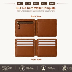 Puede incluir: Una plantilla digital para una cartera de dos pliegues, que muestra una vista trasera con un bolsillo con cremallera y una vista frontal con varias ranuras para tarjetas. El diseño es de color marrón claro, con etiquetas de texto que indican las vistas trasera y frontal, e iconos de formato de archivo SVG, DXF, EPS, PNG y PDF en la parte superior.