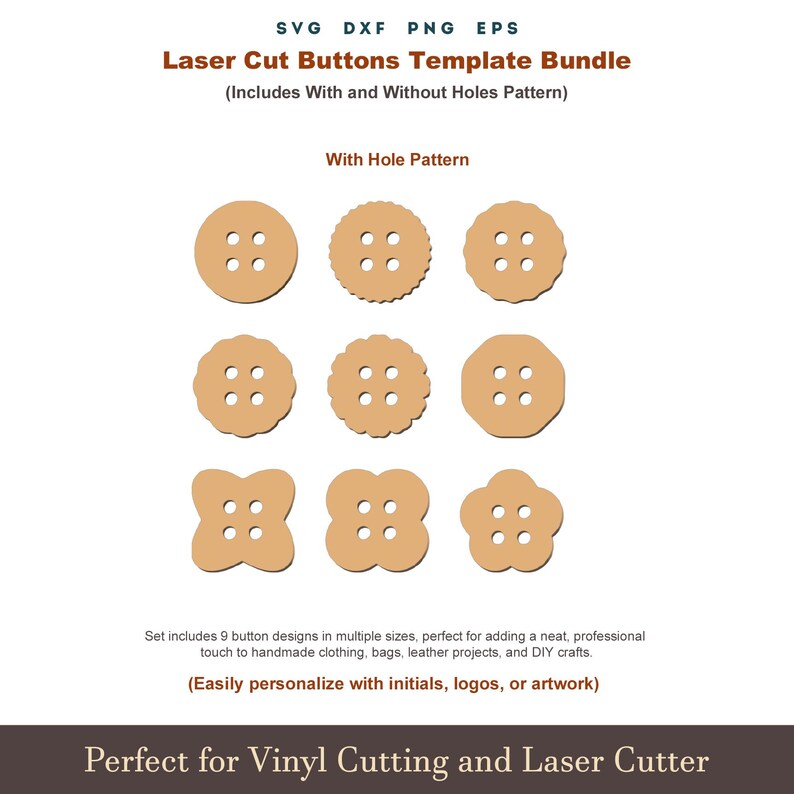 Buttons SVG Template for Laser Cutting, 9 Style Wooden Button Patterns, Sewing Craft Button SVG, Glowforge Cricut Cut File DXF Bundle