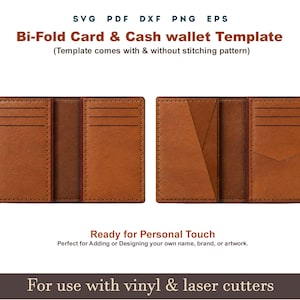 Classic wallet SVG Template, 2 Set Bi-fold Cash Card Wallet PDF Pattern With Sewing Stiches, Glowforge Cricut Leather laser cut file Dxf
