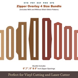 Może przedstawiać: Cyfrowy pakiet projektów z nakładkami na zamki błyskawiczne w różnych kształtach i rozmiarach, z wzorami ściegów. Dostępne w formatach SVG, PDF, DXF, PNG i EPS. Pakiet zawiera otwory na zamek błyskawiczny o wymiarach 15,2 cm, 17,8 cm, 20,3 cm i 22,9 cm. Tekst na dole brzmi "Perfect for Vinyl Cutting and Laser Cutter."