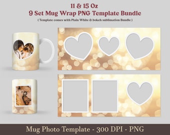 Photo mug png, mug with photo, 9 Set 11 15 oz Mug wrap with photo cut png, aniversary mug wrap sublimation designs Png, mug picture wrap Png