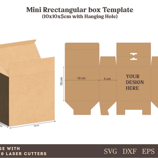 Mini Box template svg, 10 cm rectange Packaging Box SVG, mini Hanging Rectangular Box SVG, Cricut Cut laser cutting machine files dxf eps