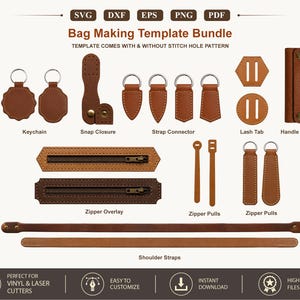 Op de afbeelding: Een digitaal sjabloonpakket voor het maken van tassen met SVG-, DXF-, EPS-, PNG- en PDF-bestandsindelingen. De collectie bevat bruine lederachtige patronen voor sleutelhangers, drukknoopsluitingen, riemverbinders, lash tabs, handvatwikkels, ritsafwerkingen, ritstrekkers en schouderbanden met zichtbare stikgatopties.