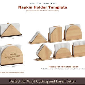 May include: Wooden napkin holder templates in various shapes, including triangular and semi-circular designs. The holders are shown with white napkins inside. The text "Napkin Holder Template" and "Ready for Personal Touch" are visible.