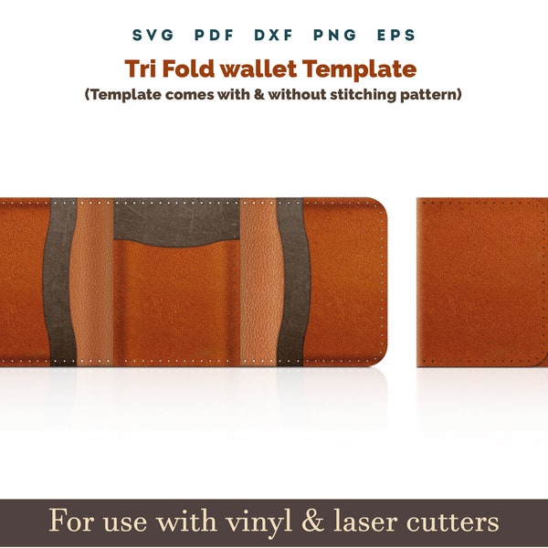 Leather Wallet SVG Template, Tri fold Wallet Svg Pdf Pattern With Sewing Stiches, Cricut Glowforge Leather laser cutting file Bundle svg Dxf