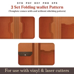 Portafoglio porta carte pieghevole in pelle SVG, 3 set PDF SVG modello portafoglio porta carte in pelle con punti di cucito, file laser Glowforge Leather