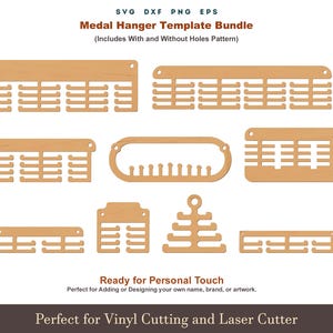 Puede incluir: Una colección de plantillas de colgadores de medallas de madera en varias formas y tamaños. Los diseños incluyen colgadores rectangulares, ovalados y en forma de árbol, todos con ranuras para exhibir medallas. El texto en la parte superior dice "Medal Hanger Template Bundle". El texto inferior dice "Perfect for Vinyl Cutting and Laser Cutter".