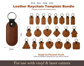 Leather Keychain SVG Template, 21 Set Leather Key Fob Laser cut Pattern With Sewing Stiches, Glowforge cricut Laser Cut Keychain Bundle DXF