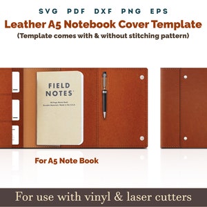 Modelo SVG para diário de couro, capa de caderno de couro A5, padrão PDF com pontos de costura, capa para caderno Cricut Glowforge, arquivo cortado a laser