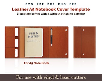 Leather journal SVG Template, A5 leather Notebook cover PDF Pattern With Sewing Stiches, Notebook Sleeve Cricut Glowforge laser Cut file