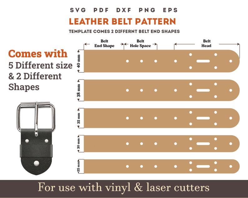 Leather Belt PDF Pattern Svg 5 different size Belt End Template SVG Pattern, Leather laser cutting file Bundle svg pdf on size A4 Print 40 mm 38 mm  35 mm 30 mm 25 mm