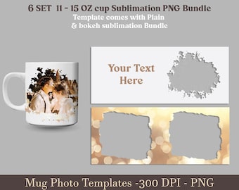 Photo mug png, mug with photo, 6 Set 11 15 oz Mug wrap with photo cut png, Mug sublimation designs Png, mug picture wrap Png Design template
