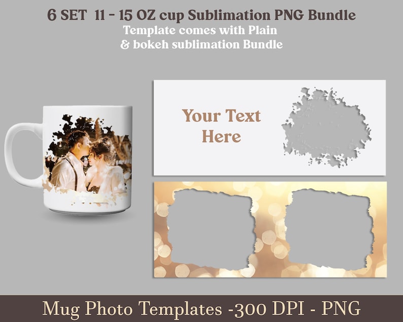 Photo mug png, mug with photo, 6 Set 11 15 oz Mug wrap with photo cut png, Mug sublimation designs Png, mug picture wrap Png Design template,