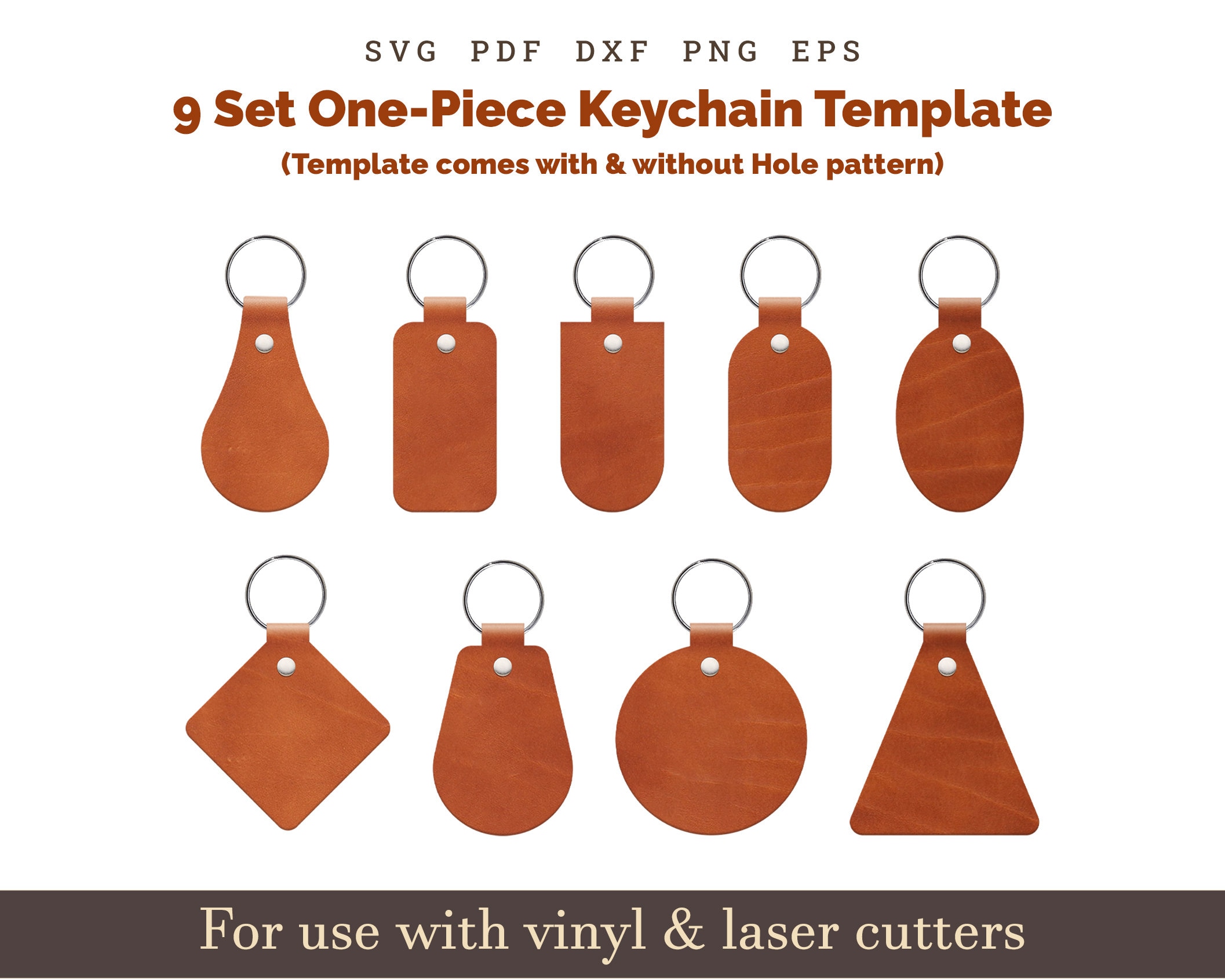 leather keychain svg Template, One piece Leather keychain SVG PDF Pattern, Cricut Glowforge Leather laser cut file Bundle on 8.5x11 sheet