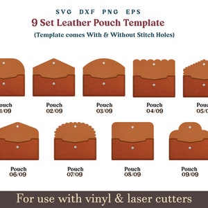 Estuches de cuero compactos (Svg), paquete de 9 estuches (Svg), estuche tipo billetera (Svg), patrón de estuche tipo sobre con puntadas de costura, archivos cortados con láser Glowforge
