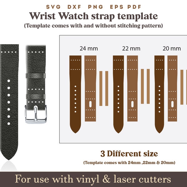 Leather watch strap template svg, 20 22 24 mm wrist watch template Svg Pdf, Watch Strap Band Template PDF Pattern on 8.5x11 Inches sheet Dxf