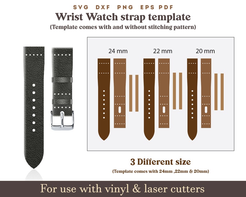 Watch Strap Band Template Pattern - 20mm 22mm 24mm, Leather watch strap template svg, 20 22 24 mm wrist watch template Svg Pdf, Watch Strap Band Template PDF Pattern on 8.5x11 Inches sheet Dxf