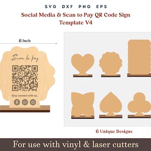 Qr Code Social Media Zeichen svg, Scan to pay Acryl Holz Display Stand Zeichen Vorlage, Let's get Social Glowforge SVG Dxf Laser cut File
