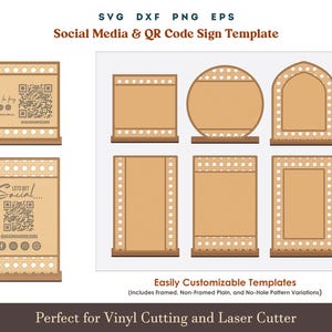 May include: A collection of customizable social media and QR code sign templates in various shapes, including rectangular, circular, and arched designs. The signs are brown with decorative borders and include the text "Social Media & QR Code Sign Template".