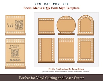 Scan to Pay Social Media Sign Svg, 9 set Acrylic, Wooden Stand Templates, Let’s Get Social QR Code Sign SVG Laser Ready Glowforge Files Dxf