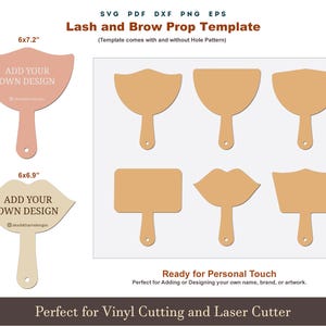 Puede incluir: Plantillas de accesorios para pestañas y cejas en varias formas, incluyendo un abanico, un rectángulo y labios. Las plantillas son en tonos beige y rosa, con el texto "ADD YOUR OWN DESIGN" en dos de ellas. Las dimensiones son 15,2 x 18,3 cm y 15,2 x 17,5 cm.
