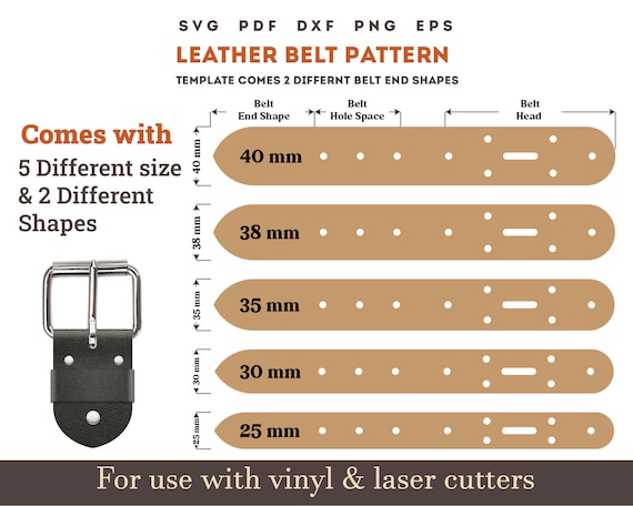 Leather Belt PDF Pattern Svg 5 different size Belt End Template SVG Pattern, Leather laser cutting file Bundle svg pdf on size A4 Print