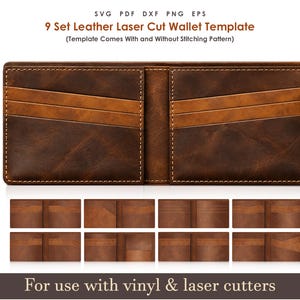 Leather Wallet SVG Templates, 9 Set PDF Bi-Fold Wallet Patterns with Sewing Stitch Holes, Glowforge Cricut Wallet Laser Cut File Bundle DXF
