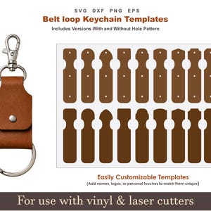 Op de afbeelding: Een bruin leren sleutelhanger met een riemlus, een zilveren sluiting en een sleutelring. De afbeelding toont ook verschillende bruine sleutelhanger sjablonen met en zonder gatenpatroon. Tekst op de afbeelding: "Belt loop Keychain Templates".
