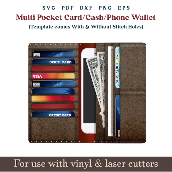 Leather Multi  Pocket card holder wallet cut file svg, leather card Cash Wallet Pattern With Sewing Stiches, Glowforge Leather laser files